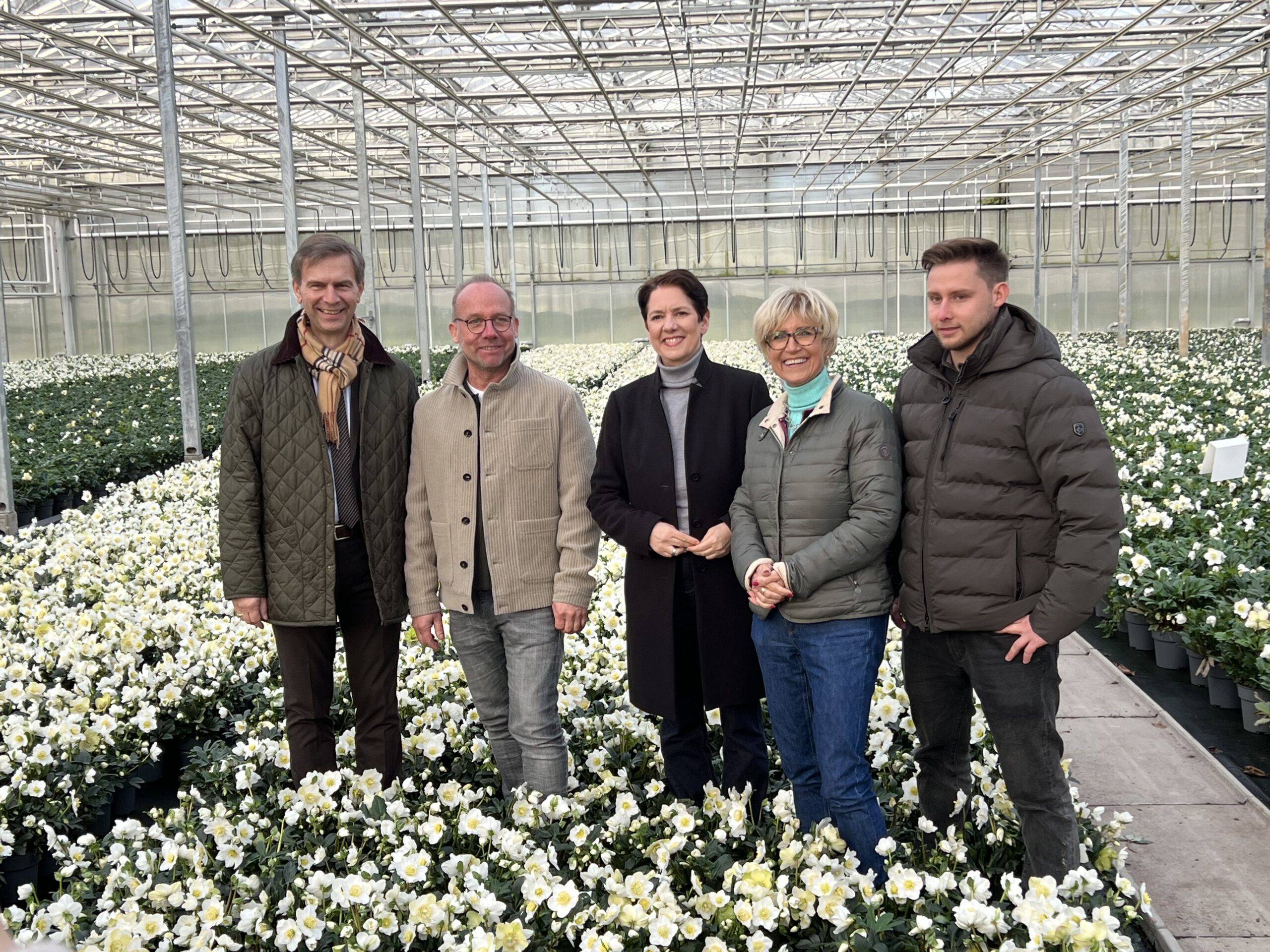Das Blütenmeer aus Christrosen: Ministerin Silke Gorißen (Mitte), Präsidentin Eva Kähler-Theuerkauf und Landtagsabgeordneter Stephan Wolters (l.) zu Besuch im Betrieb von Thomas und Lukas Viehweg (r.)